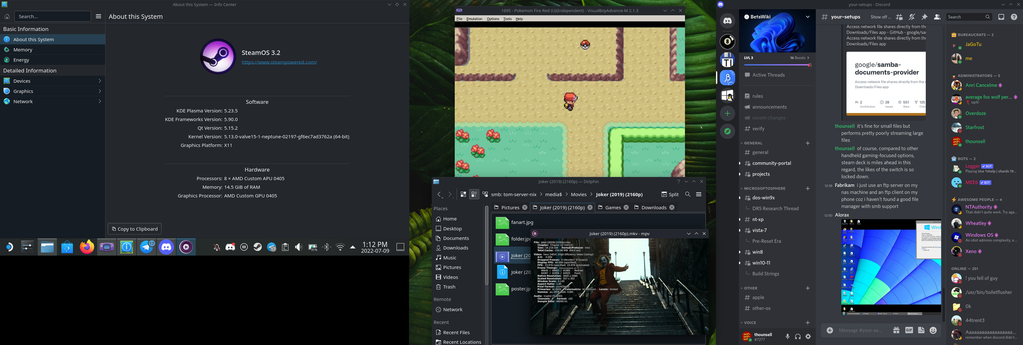 Connected via a USB-C dock to an external 1080p screen, with Joker (2019) in 4k-HDR streaming from an SMB share, Pokemon Fire Red playing in VBA-M running via Wine, and chatting in Discord at the same time.